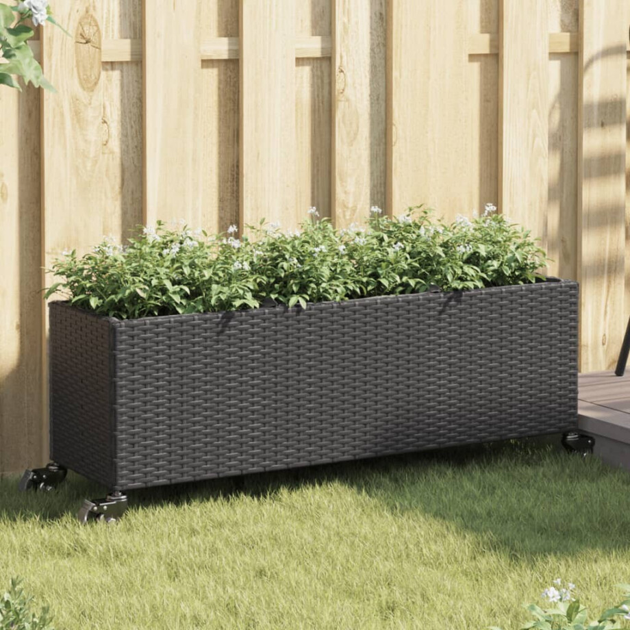 vidaXL Plantenbak met wielen 3 potten 107x32x38 cm poly rattan zwart afbeelding 1