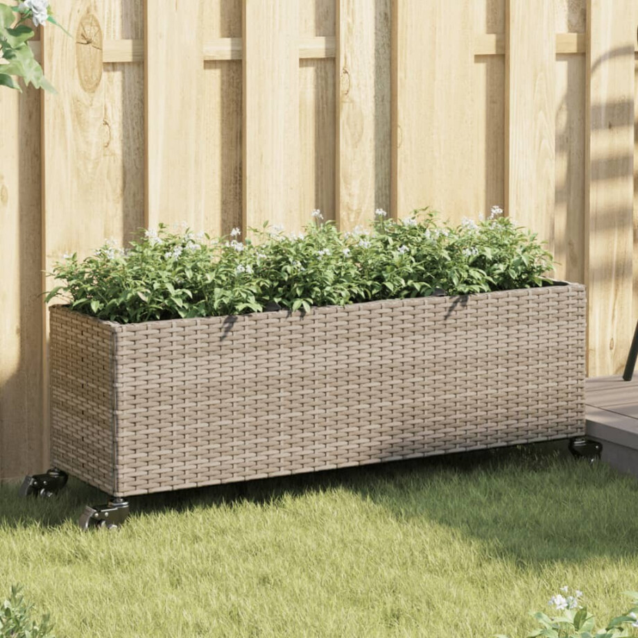 vidaXL Plantenbak met wielen 3 potten 107x32x38 cm poly rattan grijs afbeelding 1