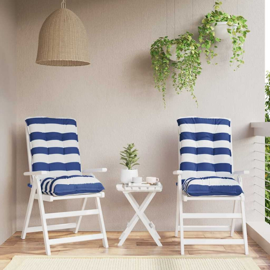 vidaXL Stoelkussens 2 st lage rug gestreept stof wit en blauw afbeelding 1