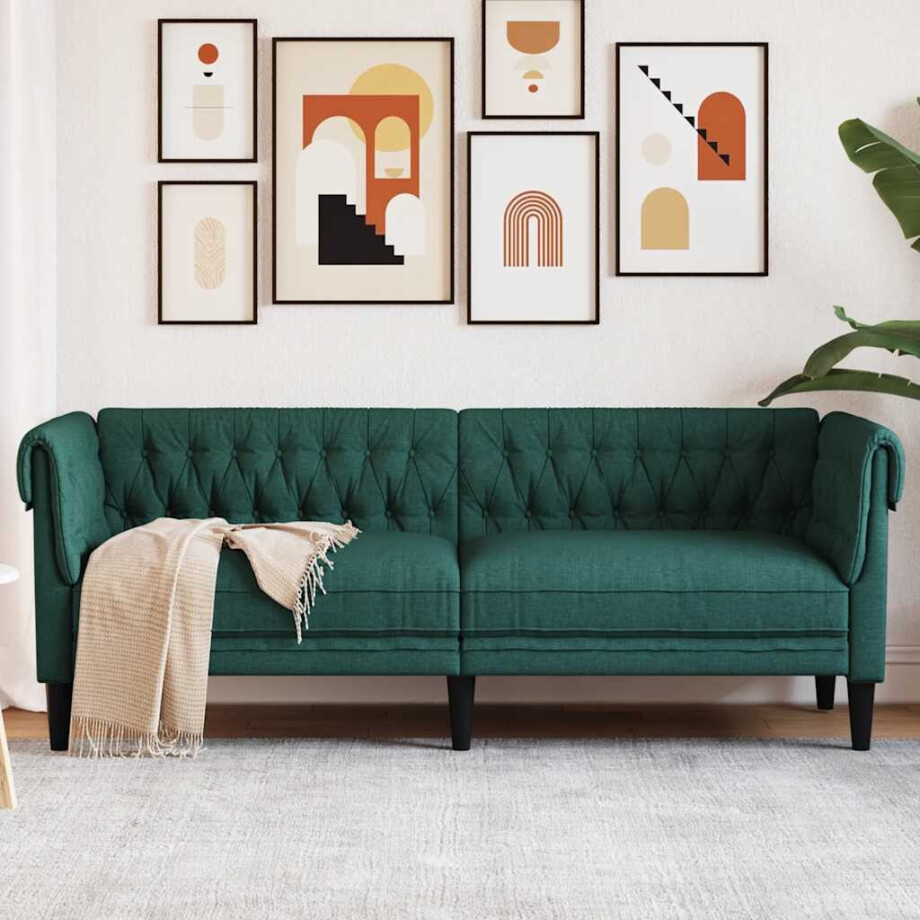 vidaXL Driezitsbank Chesterfield-stijl stof donkergroen vidaXL Driezitsbank Chesterfield-stijl stof donkergroen afbeelding 1