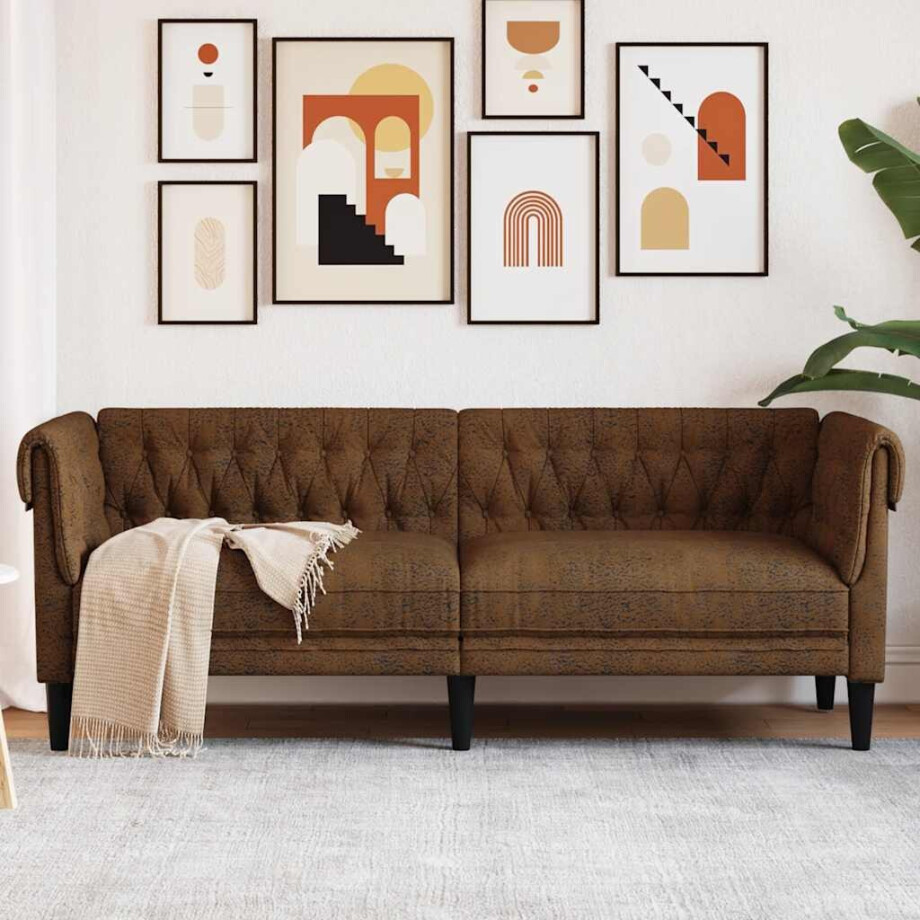 vidaXL Driezitsbank Chesterfield-stijl stof bruin vidaXL Driezitsbank Chesterfield-stijl stof bruin afbeelding 1