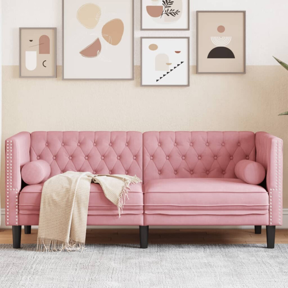 vidaXL Tweezitsbank Chesterfield-stijl en bolsters fluweel roze afbeelding 1