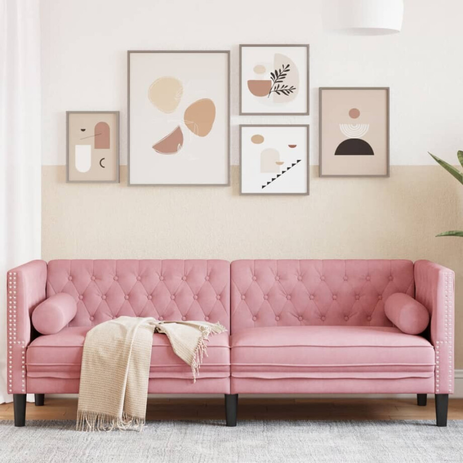 vidaXL Driezitsbank Chesterfield-stijl met bolsters fluweel roze afbeelding 1