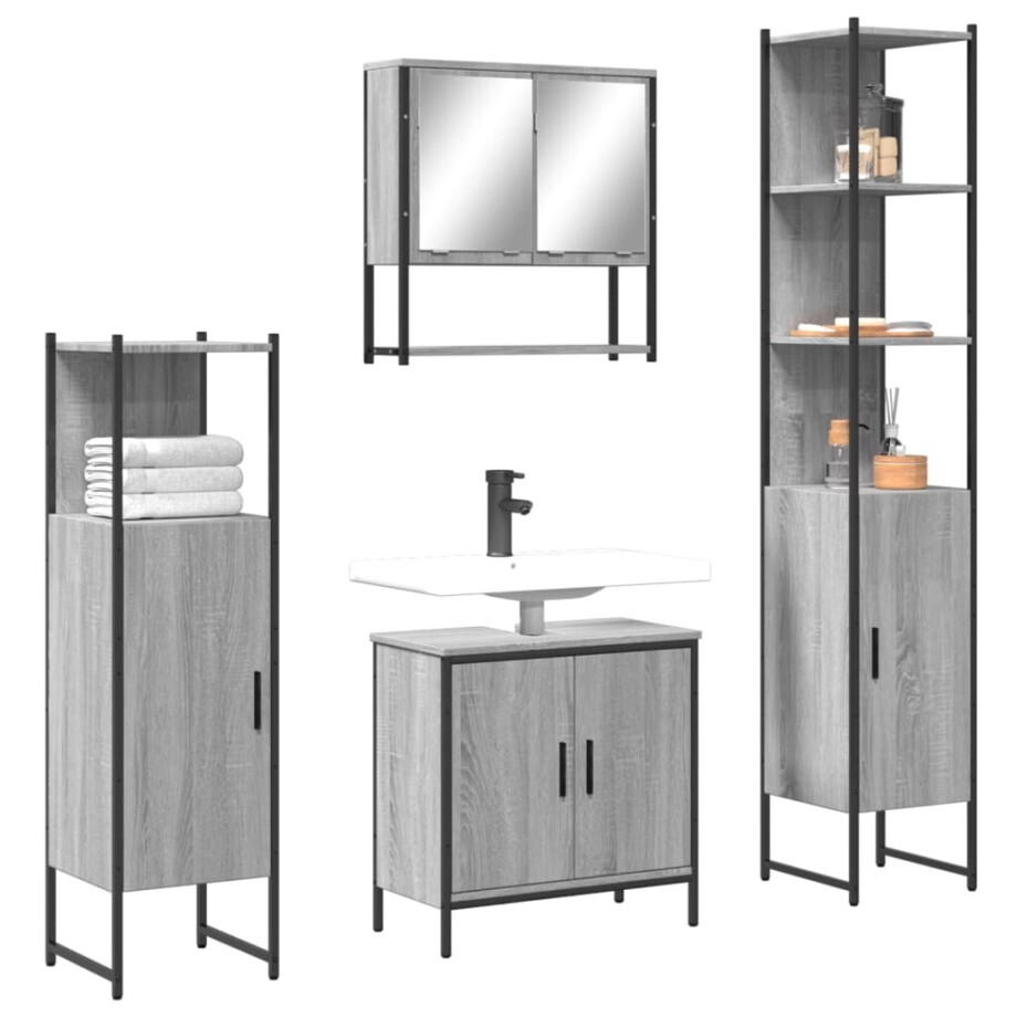 vidaXL 4-delige Badkamermeubelset bewerkt hout grijs sonoma eikenkleur vidaXL 4-delige Badkamermeubelset bewerkt hout grijs sonoma eikenkleur afbeelding 1