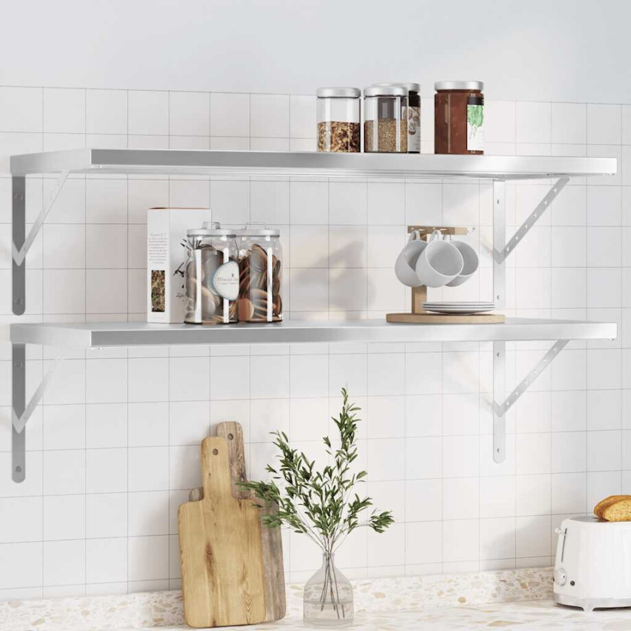 vidaXL Wandschappen 2 st 100x40 cm roestvrijstaal zilverkleurig afbeelding 1