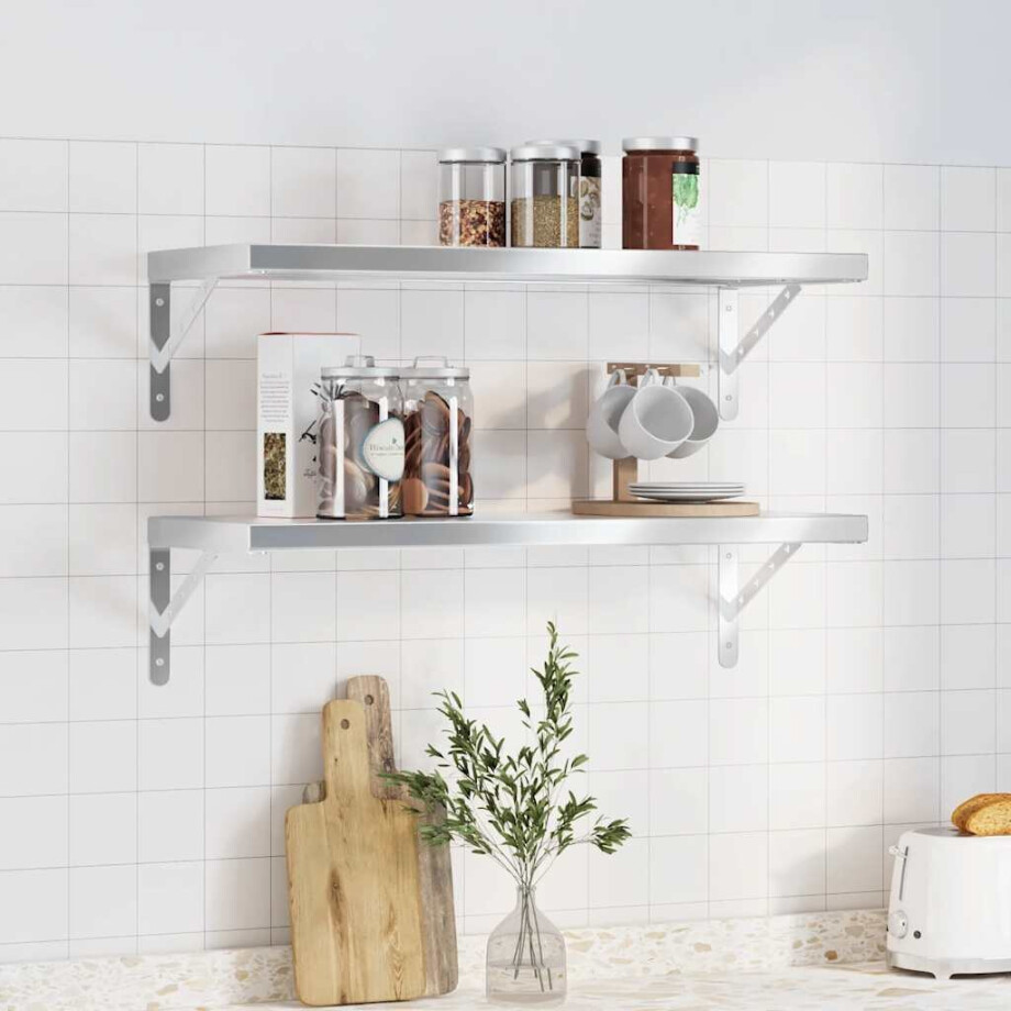 vidaXL Wandschappen 2 st 75x30 cm roestvrijstaal zilverkleurig vidaXL Wandschappen 2 st 75x30 cm roestvrijstaal zilverkleurig afbeelding 1