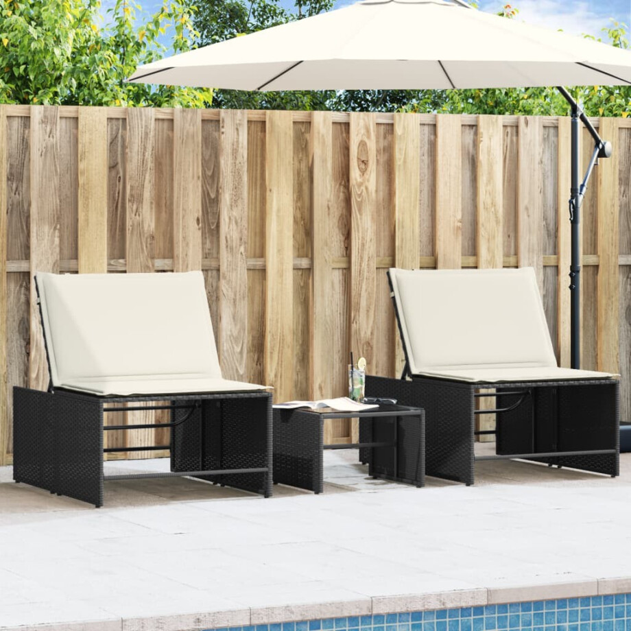 vidaXL Modulaire ligbedden 2 stuks met tafel zwart poly rattan afbeelding 1