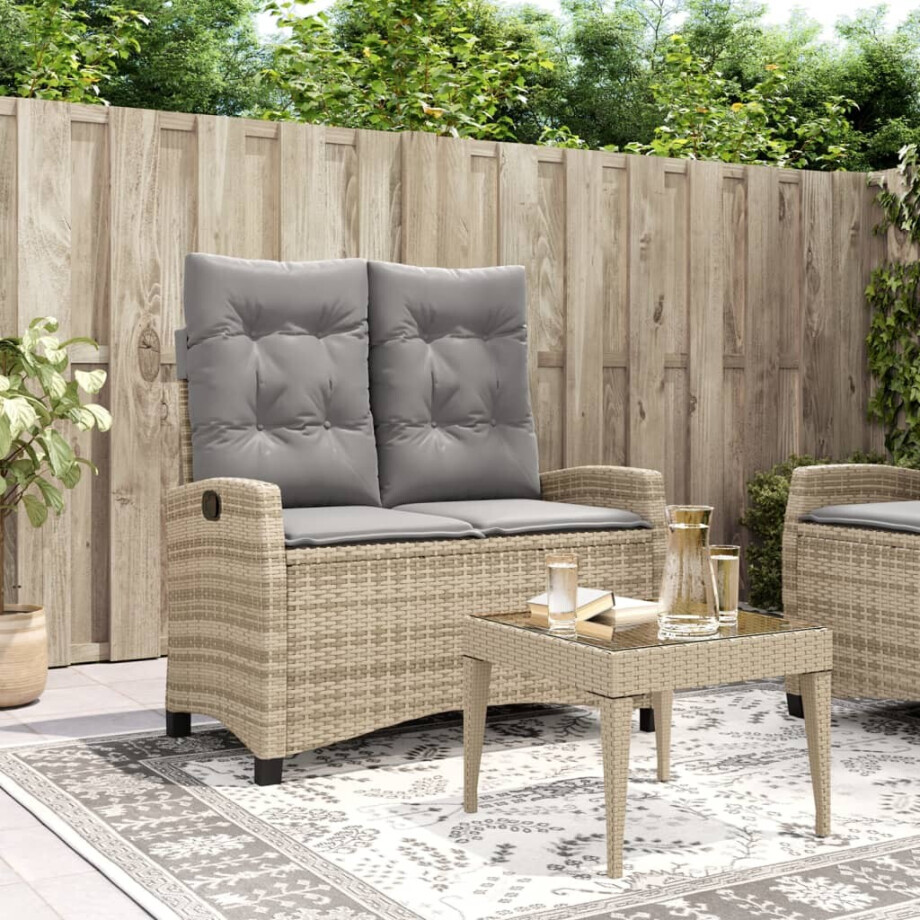 vidaXL Tuinbankje verstelbaar met kussens poly rattan beige afbeelding 1