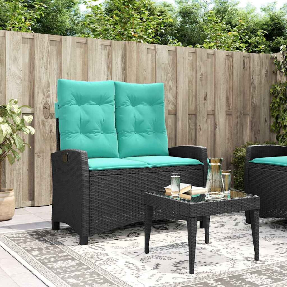 vidaXL Tuinbankje verstelbaar met kussens poly rattan zwart afbeelding 1
