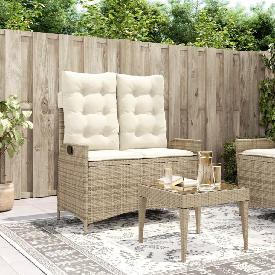 vidaXL Tuinbankje verstelbaar met kussens poly rattan beige afbeelding 1