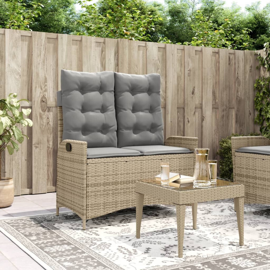 vidaXL Tuinbankje verstelbaar met kussens poly rattan beige afbeelding 1