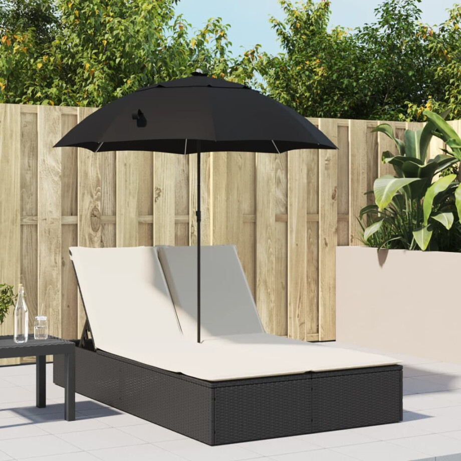 vidaXL Ligbed 2-persoons met kussens en parasol poly rattan zwart afbeelding 1