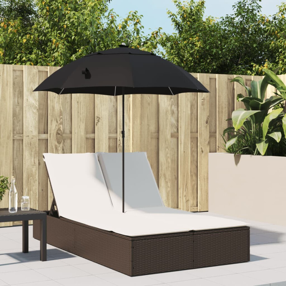 vidaXL Ligbed 2-persoons met kussens en parasol poly rattan bruin afbeelding 1