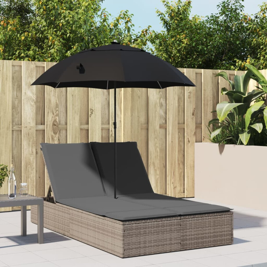 vidaXL Ligbed 2-persoons met kussens en parasol poly rattan grijs afbeelding 1