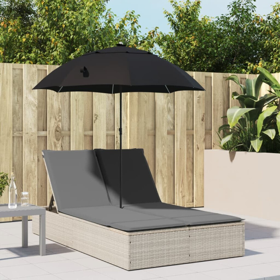 vidaXL Ligbed 2-persoons met kussens en parasol poly rattan lichtgrijs afbeelding 1