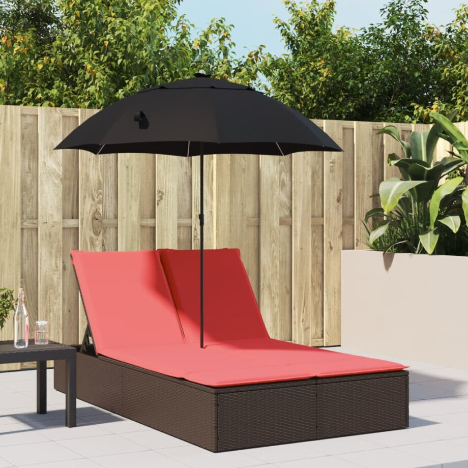 vidaXL Ligbed 2-persoons met kussens en parasol poly rattan bruin vidaXL Ligbed 2-persoons met kussens en parasol poly rattan bruin afbeelding 1