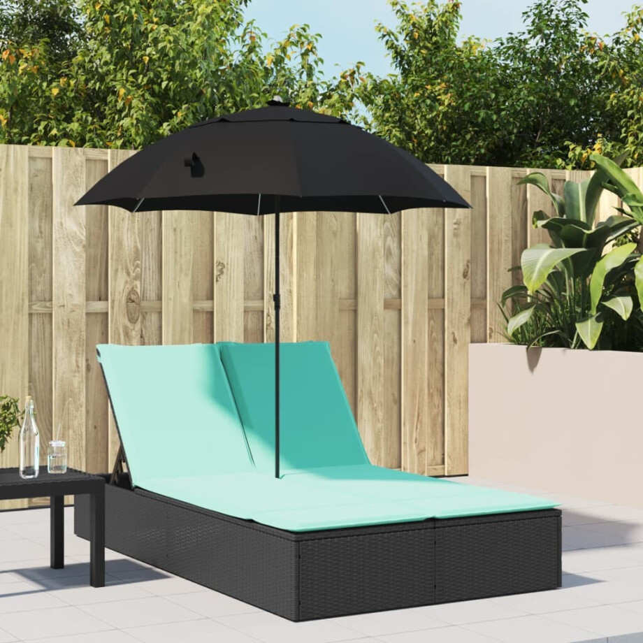 vidaXL Ligbed 2-persoons met kussens en parasol poly rattan zwart afbeelding 1