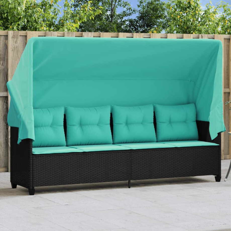 vidaXL Ligbed met luifel en kussens poly rattan zwart vidaXL Ligbed met luifel en kussens poly rattan zwart afbeelding 1