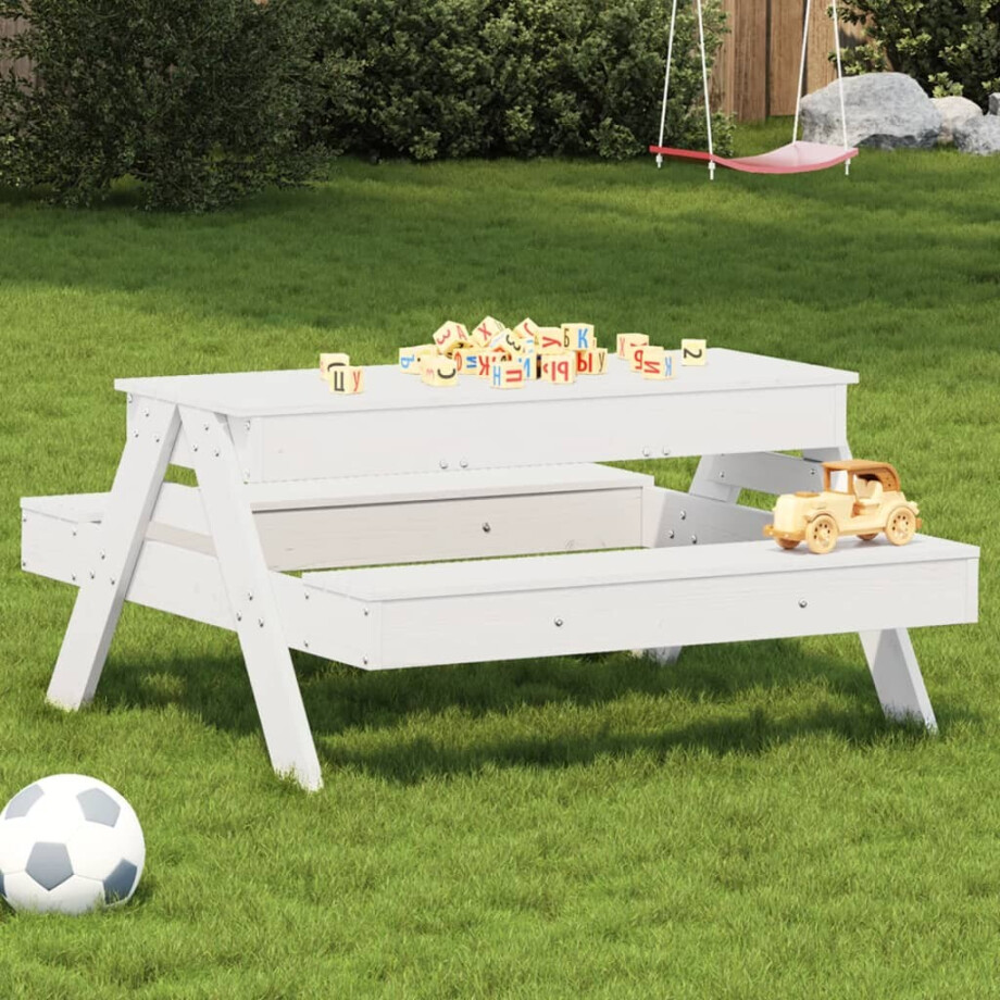vidaXL Picknicktafel met zandbak voor kinderen massief grenenhout wit afbeelding 1