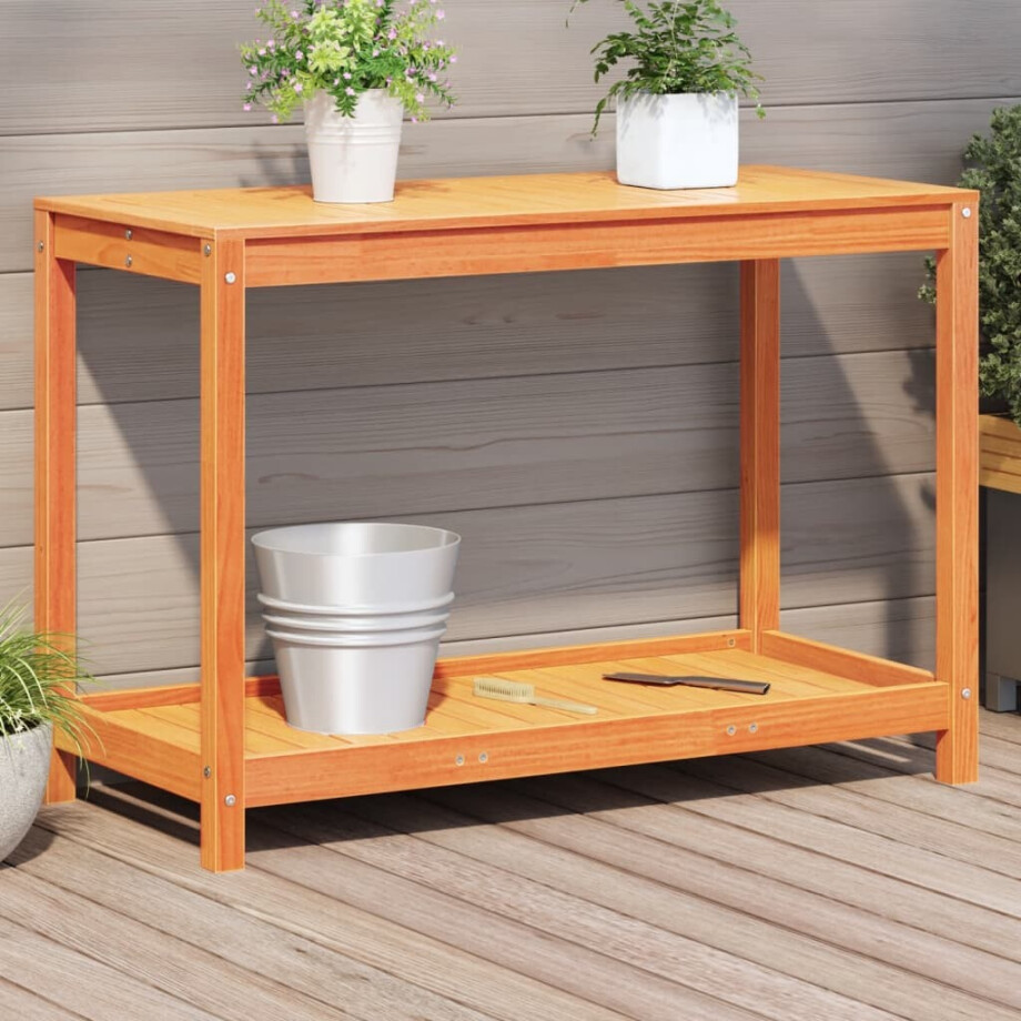 vidaXL Oppottafel met schap 108x50x75 cm massief grenenhout wasbruin afbeelding 1