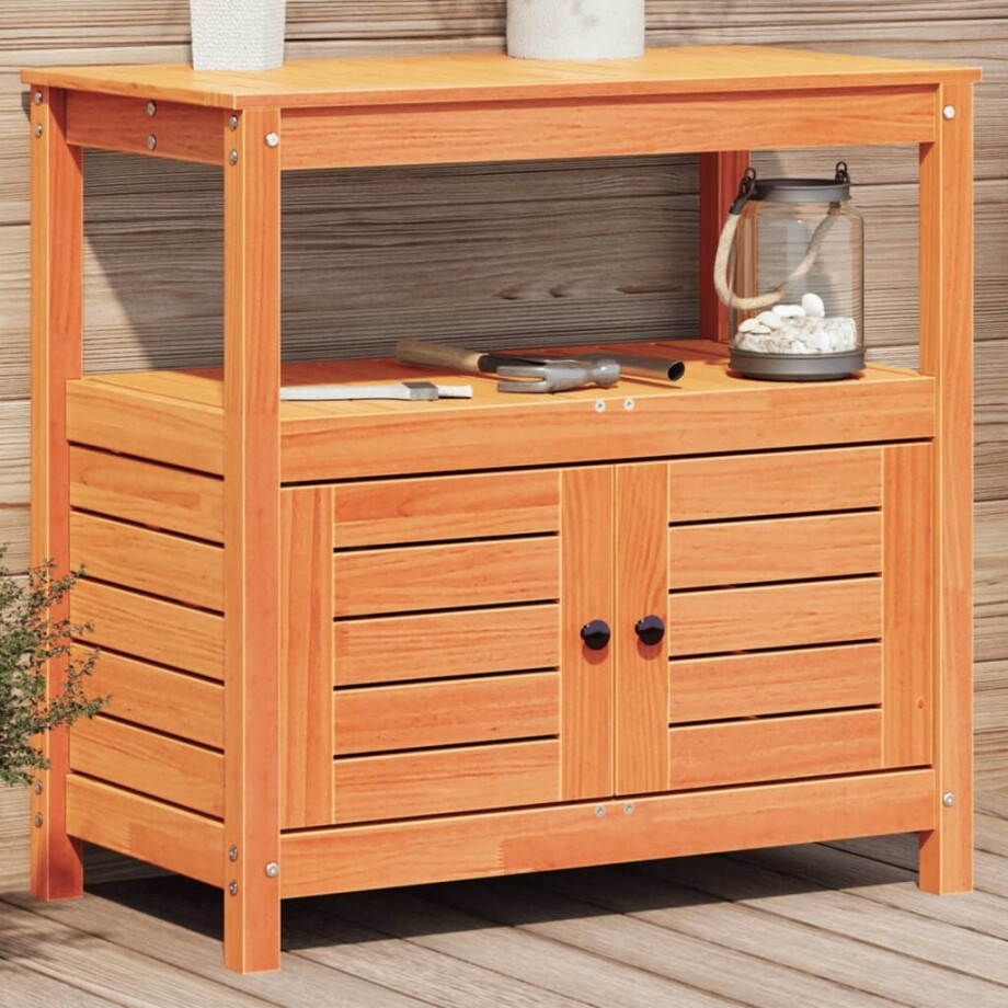 vidaXL Oppottafel met schappen 82,5x45x81 cm massief grenenhout bruin vidaXL Oppottafel met schappen 82,5x45x81 cm massief grenenhout bruin afbeelding 1