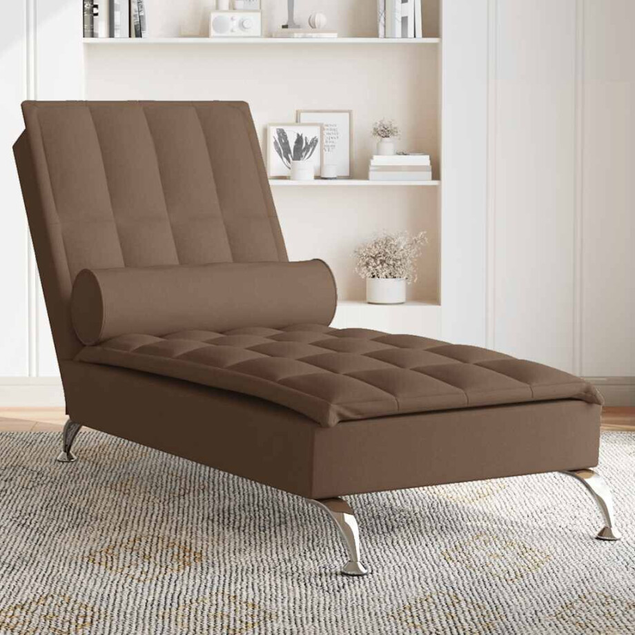 vidaXL Massage chaise longue met bolster stof bruin afbeelding 1