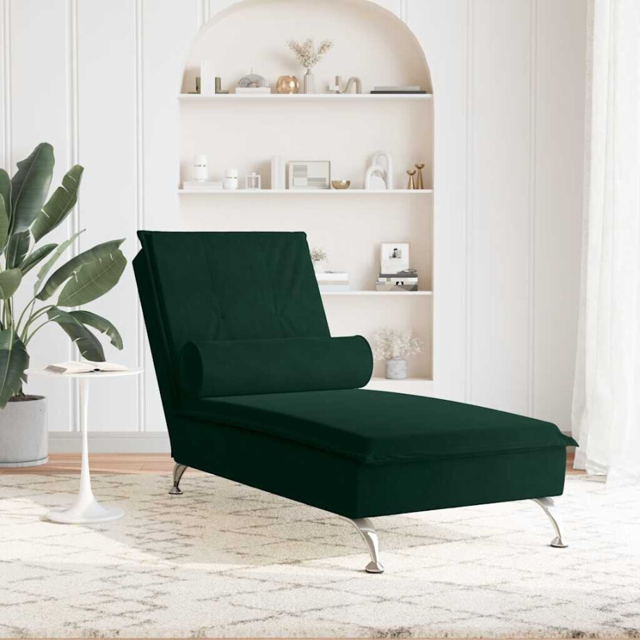 vidaXL Massage chaise longue met bolster fluweel donkergroen afbeelding 1