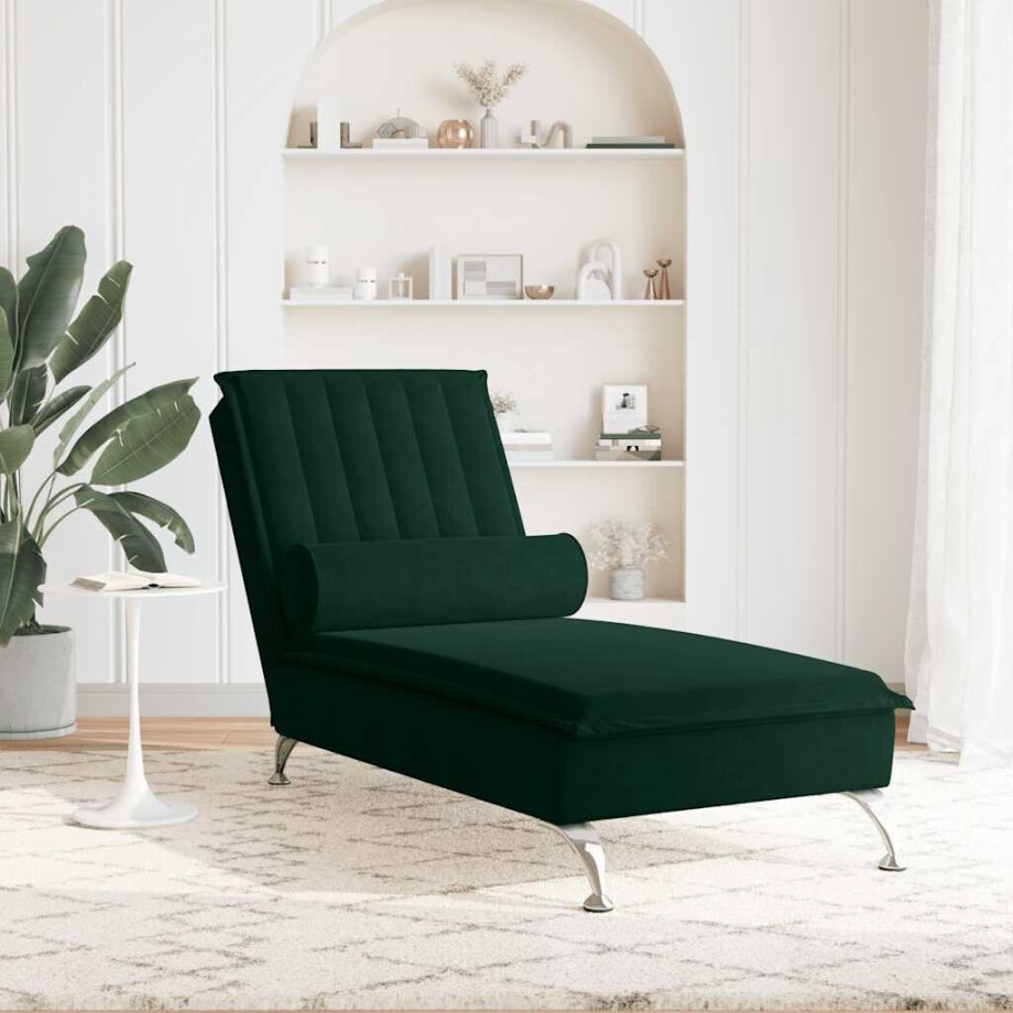 vidaXL Massage chaise longue met bolster fluweel donkergroen afbeelding 1