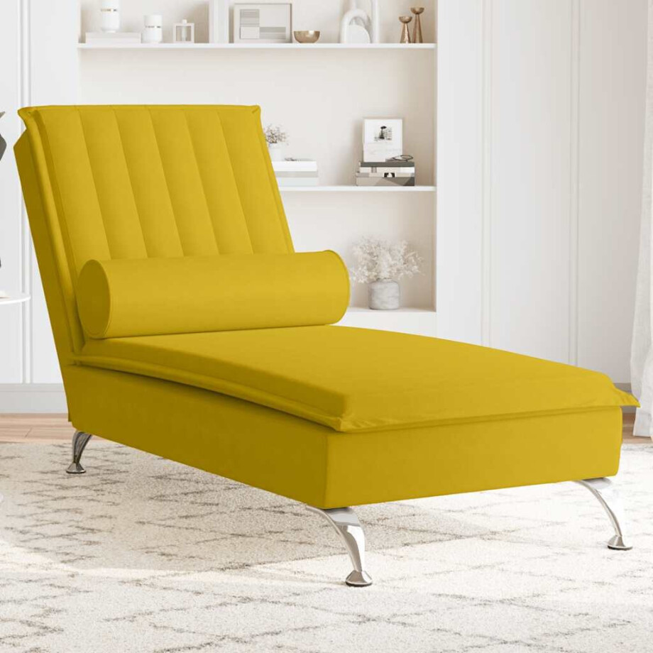 vidaXL Massage chaise longue met bolster fluweel geel vidaXL Massage chaise longue met bolster fluweel geel afbeelding 1
