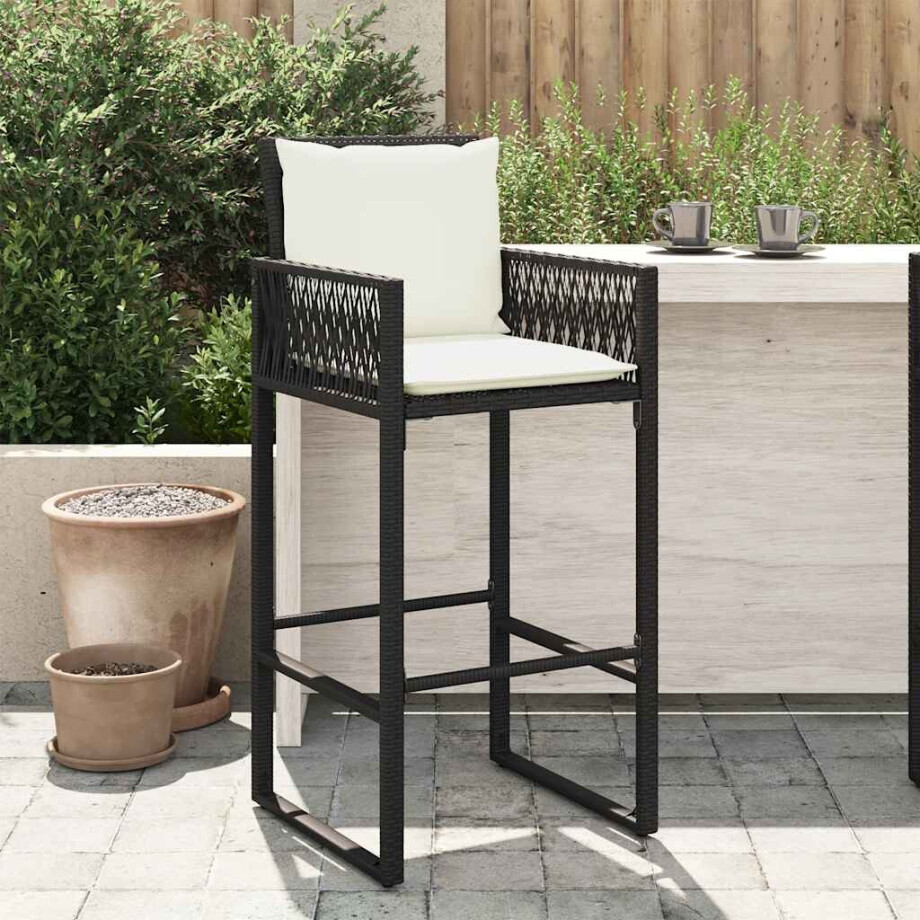 vidaXL Tuinbarkrukken met kussens 2 st poly rattan zwart vidaXL Tuinbarkrukken met kussens 2 st poly rattan zwart afbeelding 1
