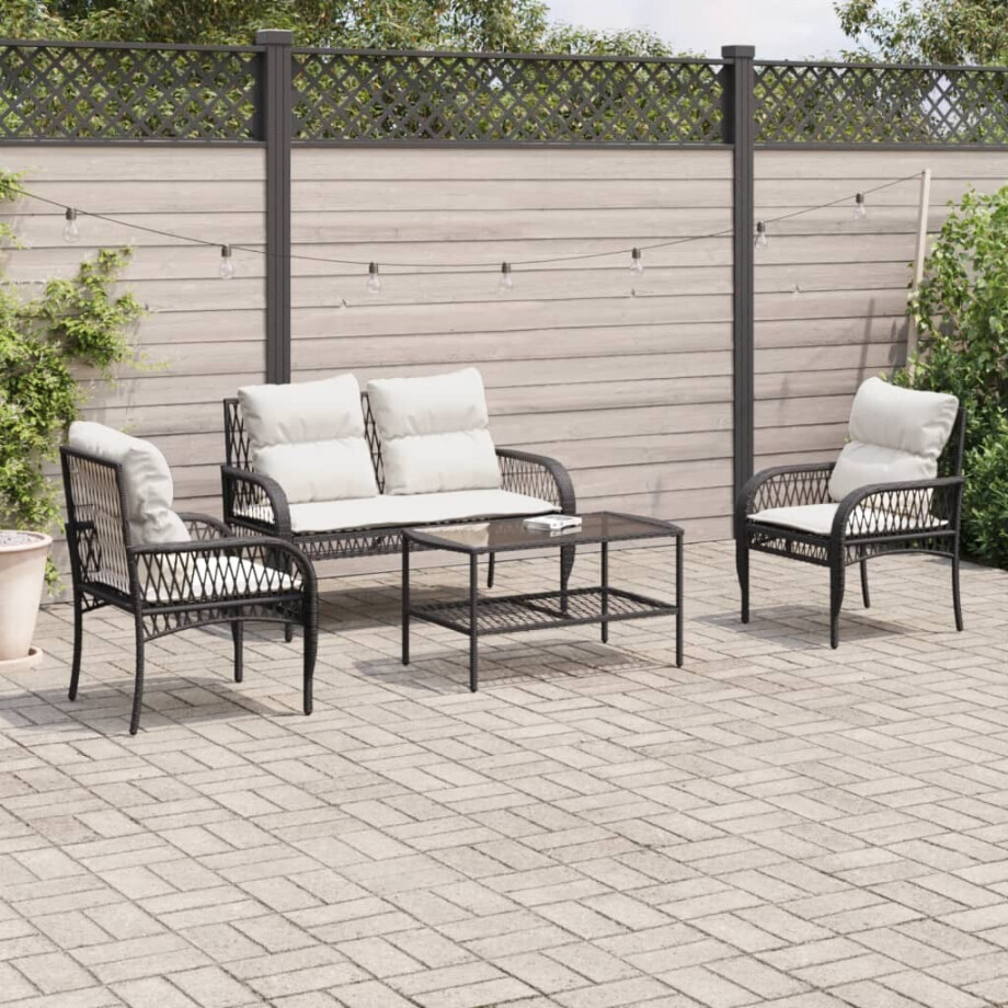 vidaXL 4-delige Loungeset met kussens poly rattan zwart afbeelding 1