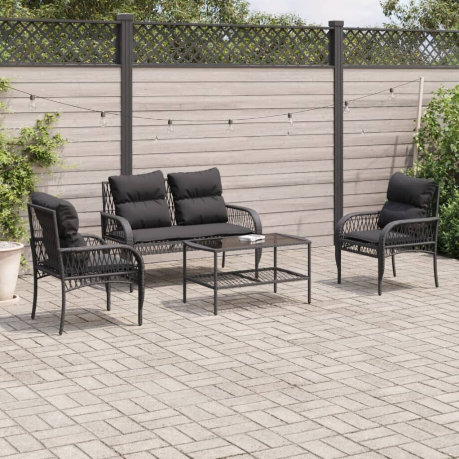 vidaXL 4-delige Loungeset met kussens poly rattan zwart afbeelding 1