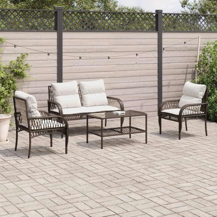 vidaXL 4-delige Loungeset met kussens poly rattan bruin afbeelding 1