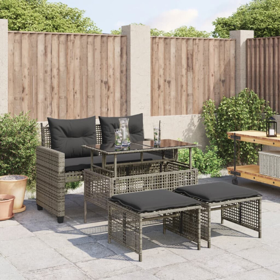 vidaXL 4-delige Loungeset met kussens poly rattan en glas grijs vidaXL 4-delige Loungeset met kussens poly rattan en glas grijs afbeelding 1