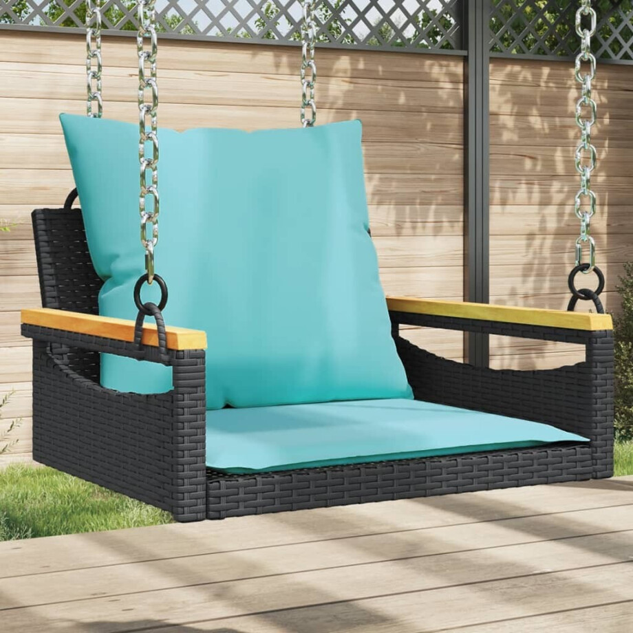 vidaXL Schommelbank met kussens 63x62x40 cm poly rattan zwart afbeelding 1
