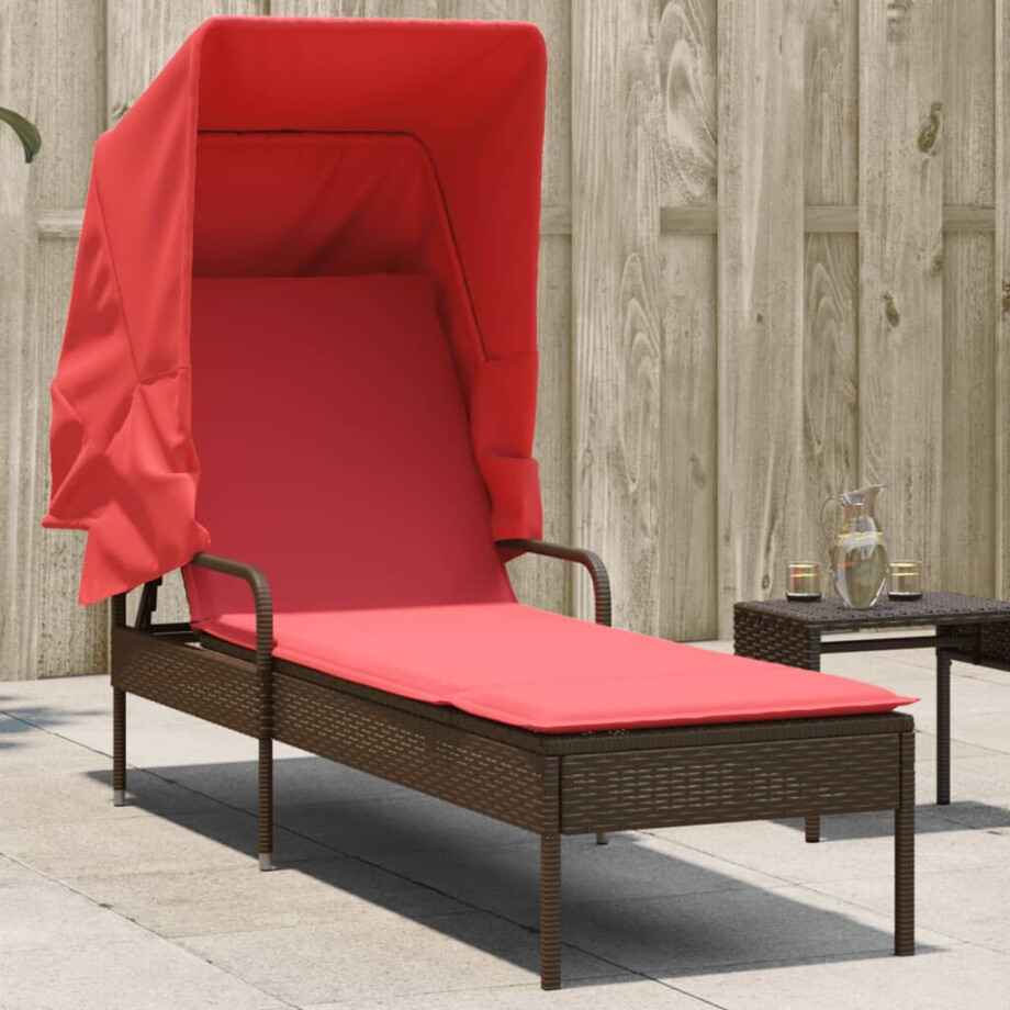 vidaXL Ligstoel met luifel bruin poly rattan afbeelding 1