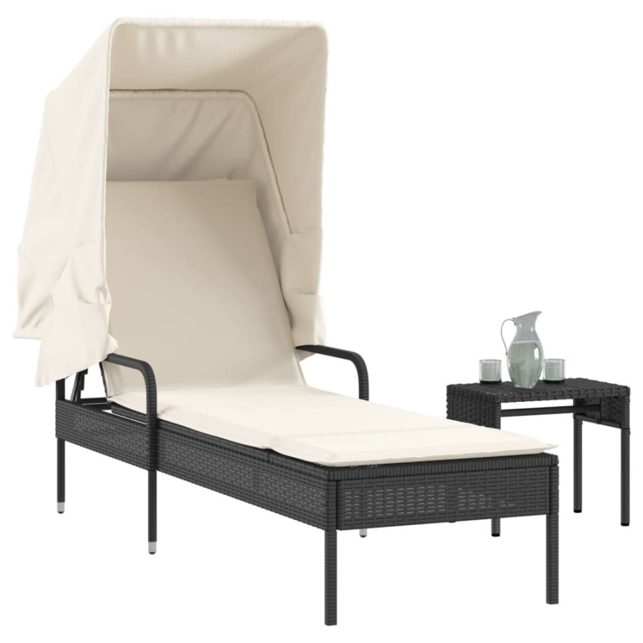 vidaXL Ligbed met luifel en tafel poly rattan zwart afbeelding 1