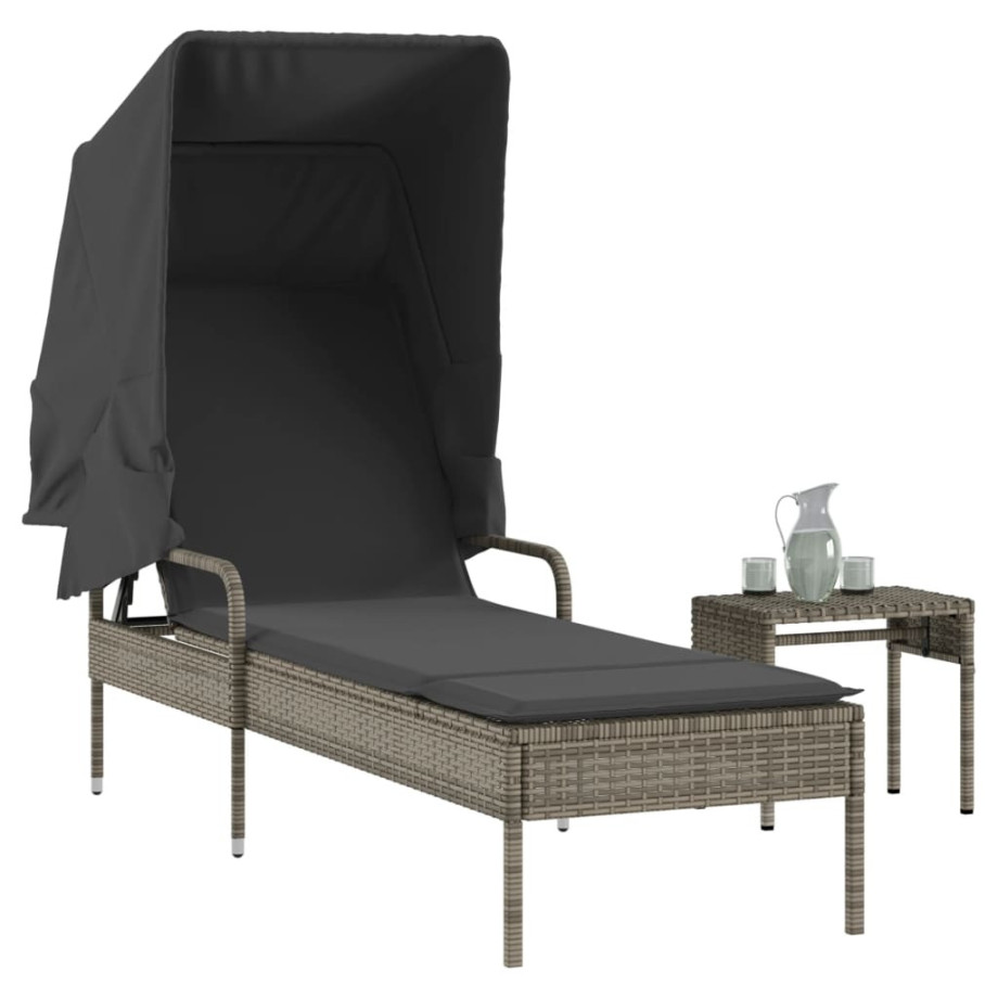 vidaXL Ligbed met luifel en tafel poly rattan grijs afbeelding 1