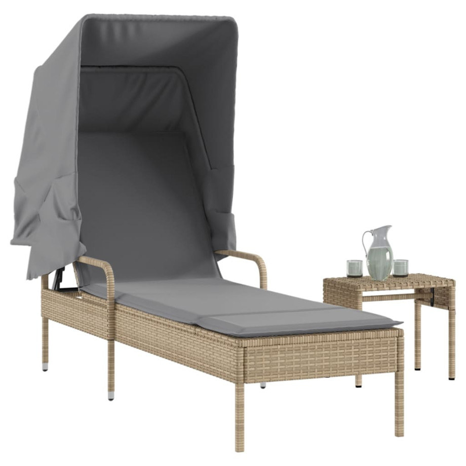 vidaXL Ligbed met luifel en tafel poly rattan beige afbeelding 1