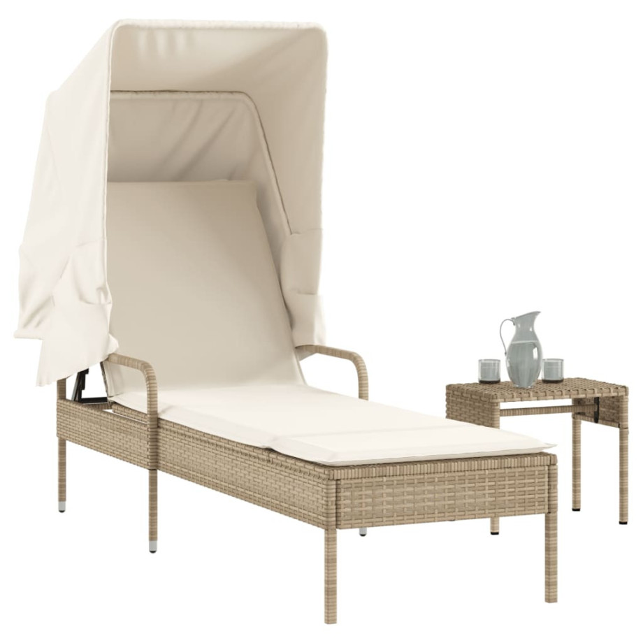 vidaXL Ligbed met luifel en tafel poly rattan beige afbeelding 1