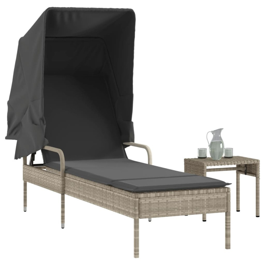 vidaXL Ligbed met luifel en tafel poly rattan lichtgrijs afbeelding 1