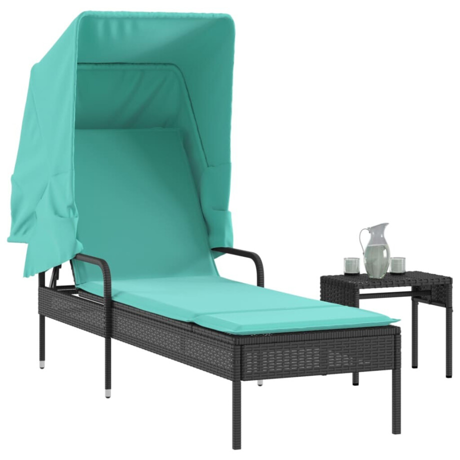 vidaXL Ligstoel met luifel en tafel zwart poly rattan vidaXL Ligstoel met luifel en tafel zwart poly rattan afbeelding 1