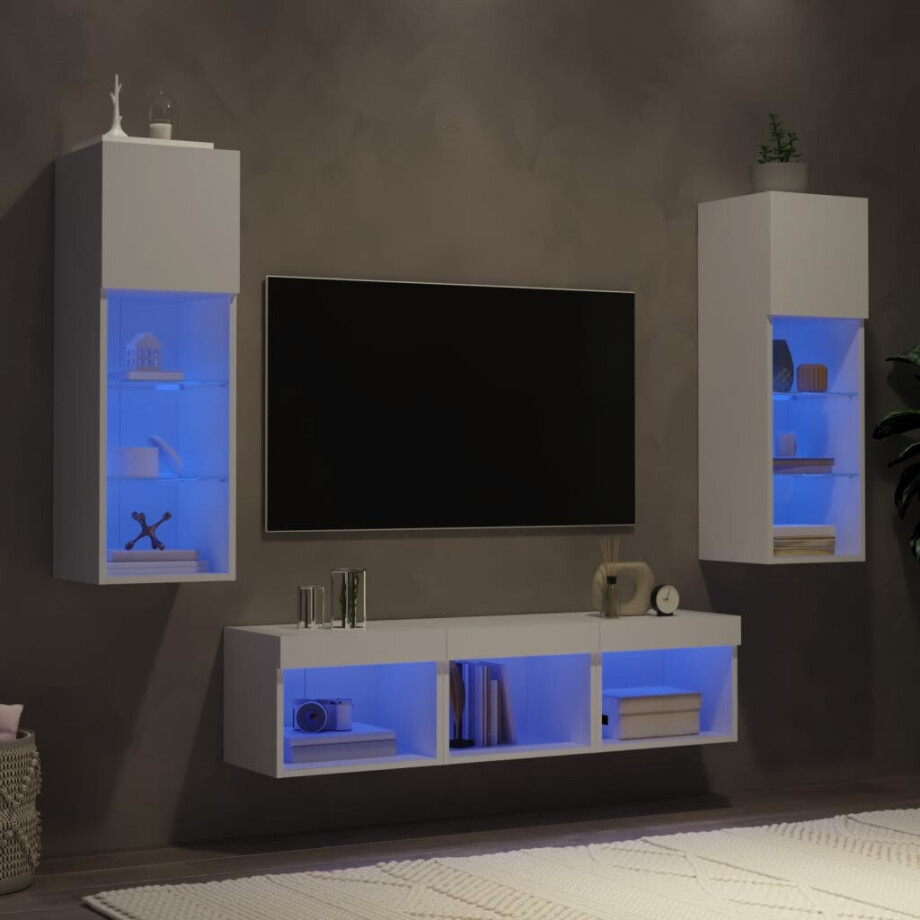 vidaXL 5-delige Tv-wandmeubelset met LED-verlichting bewerkt hout wit afbeelding 1