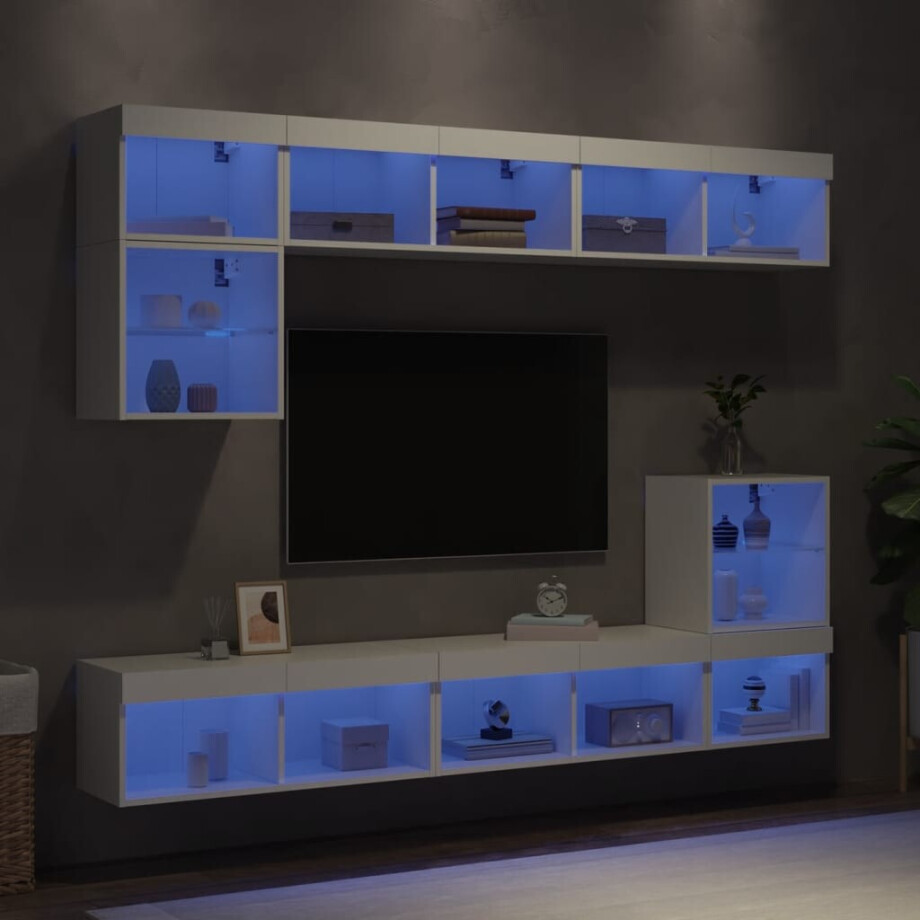 vidaXL 8-delige Tv-wandmeubelset met LED-verlichting bewerkt hout wit afbeelding 1