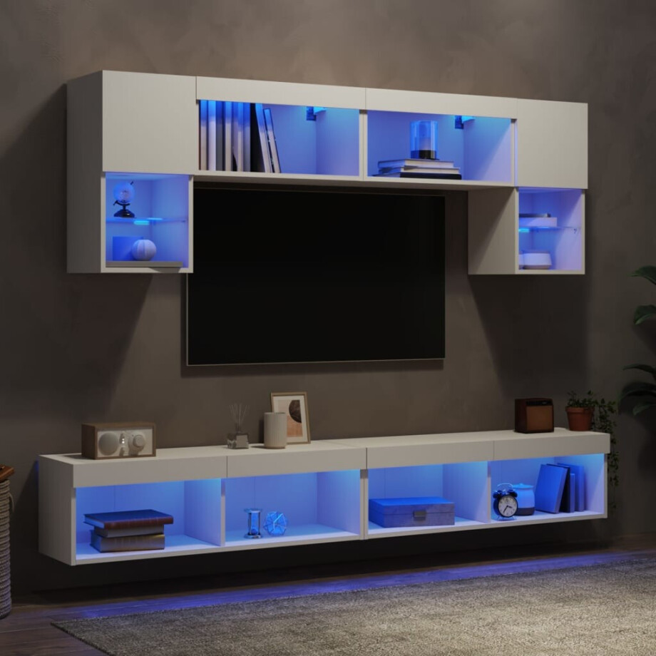 vidaXL 6-delige Tv-wandmeubelset met LED-verlichting bewerkt hout wit vidaXL 6-delige Tv-wandmeubelset met LED-verlichting bewerkt hout wit afbeelding 1