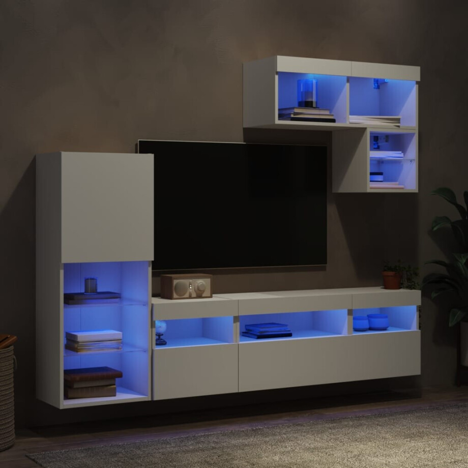 vidaXL 6-delige Tv-wandmeubelset met LED-verlichting bewerkt hout wit afbeelding 1