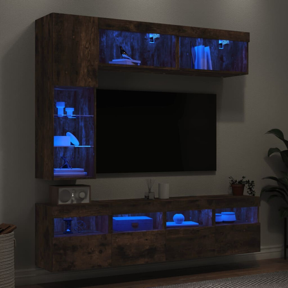 vidaXL 7-delige Tv-wandmeubelset met LED-verlichting gerookt eiken afbeelding 1