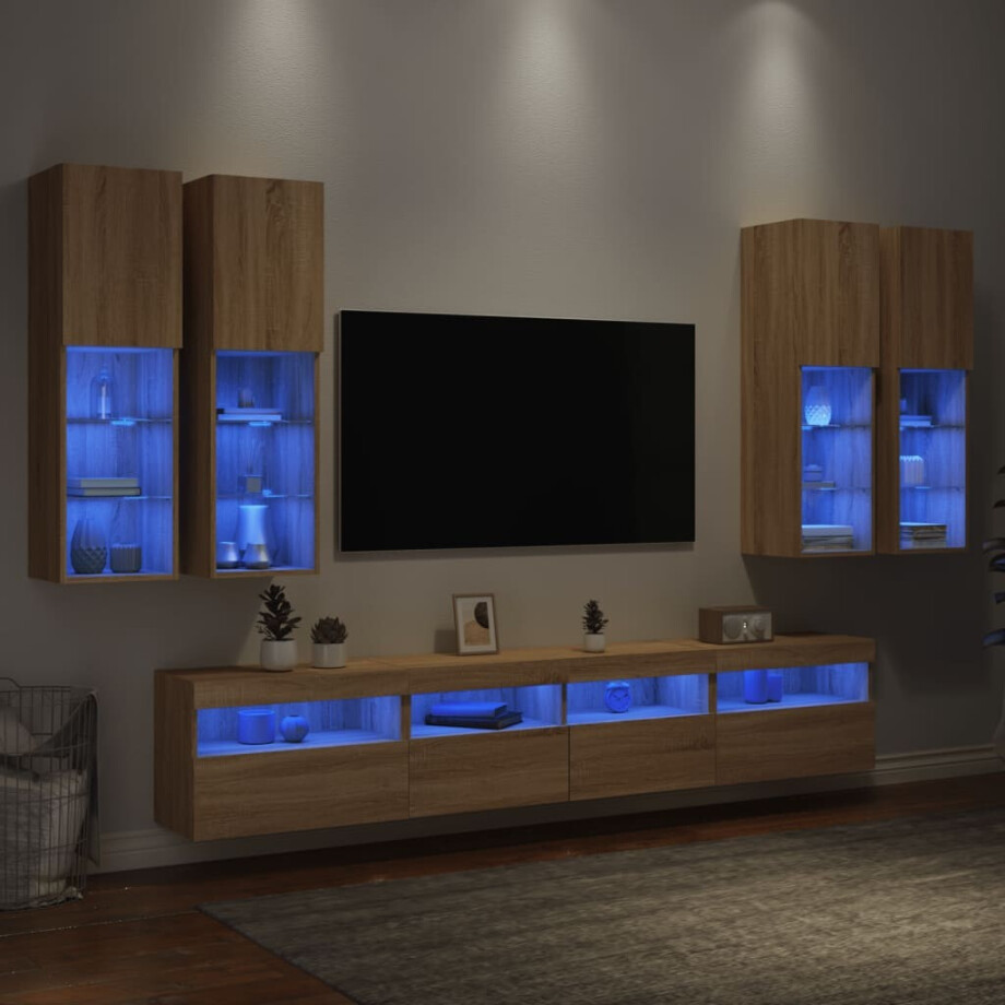 vidaXL 7-delige Tv-wandmeubelset met LED-verlichting sonoma eikenkleur vidaXL 7-delige Tv-wandmeubelset met LED-verlichting sonoma eikenkleur afbeelding 1