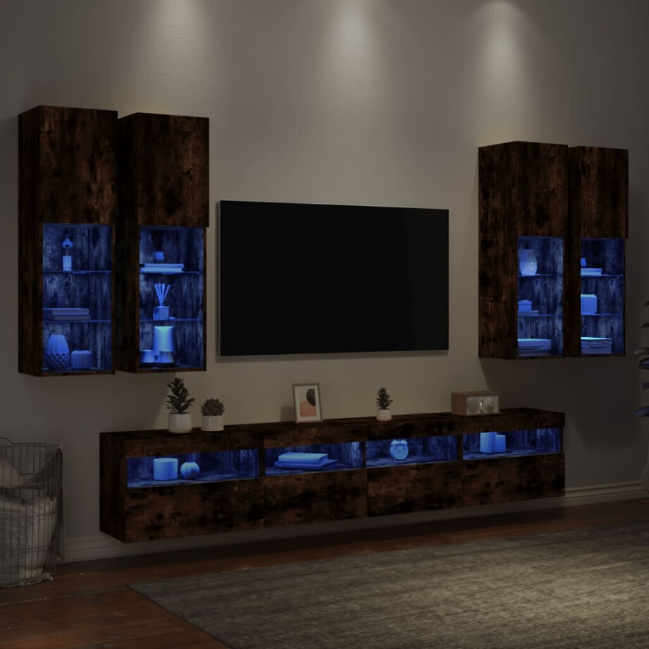 vidaXL 7-delige Tv-wandmeubelset met LED-verlichting gerookt eiken afbeelding 1
