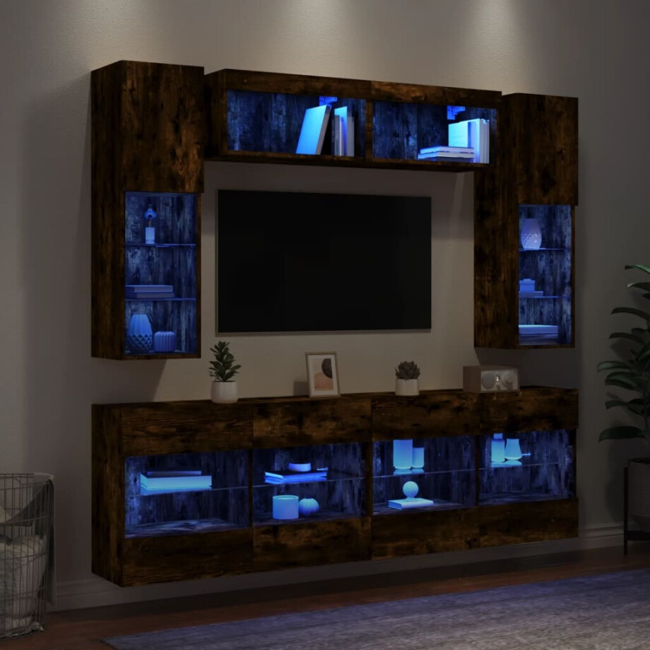 vidaXL 6-delige Tv-wandmeubelset met LED-verlichting gerookt eiken afbeelding 1